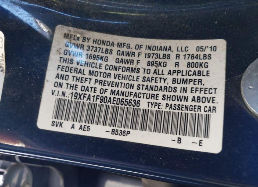 Photo 9 of 2010 Honda Civic EX-L (VIN 19XFA1F90AE065636)