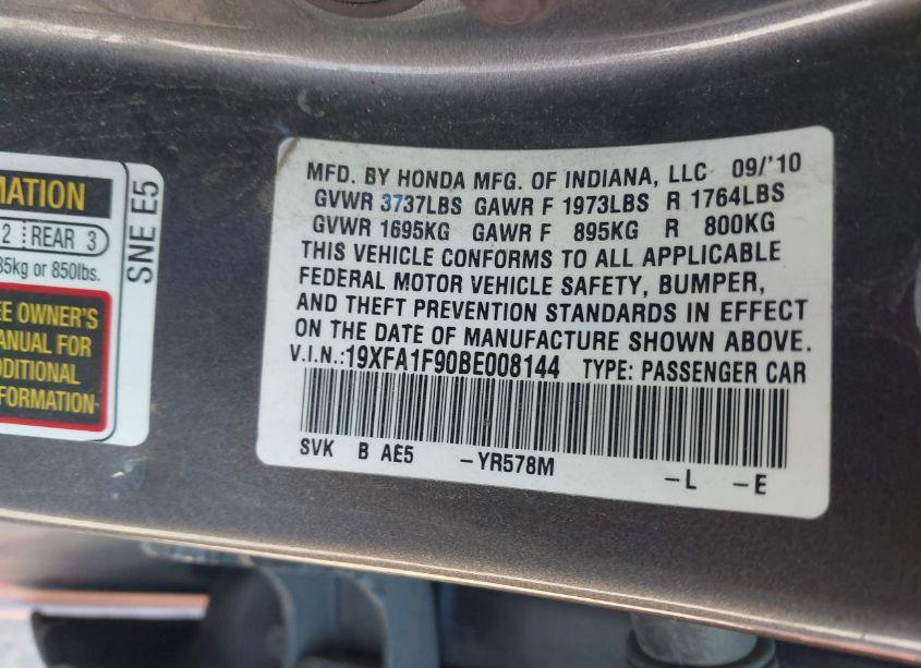 Photo 9 of 2011 Honda Civic EX-L (VIN 19XFA1F90BE008144)