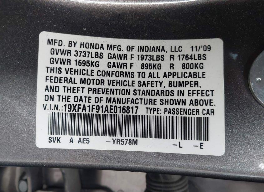 Photo 9 of 2010 Honda Civic EX-L (VIN 19XFA1F91AE016817)