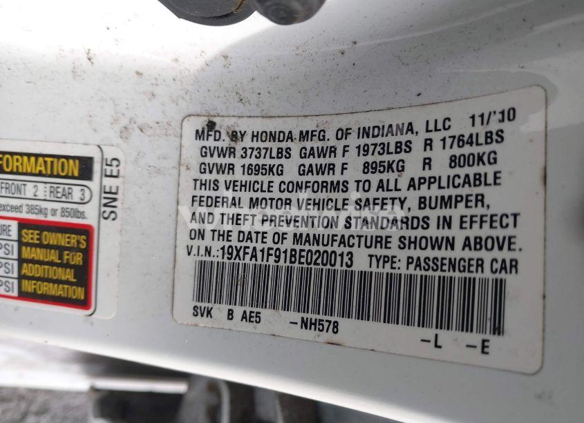 Photo 9 of 2011 Honda Civic EX-L (VIN 19XFA1F91BE020013)