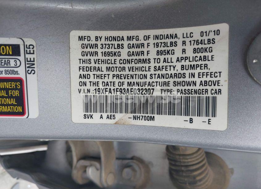 Photo 9 of 2010 Honda Civic EX-L (VIN 19XFA1F93AE032307)