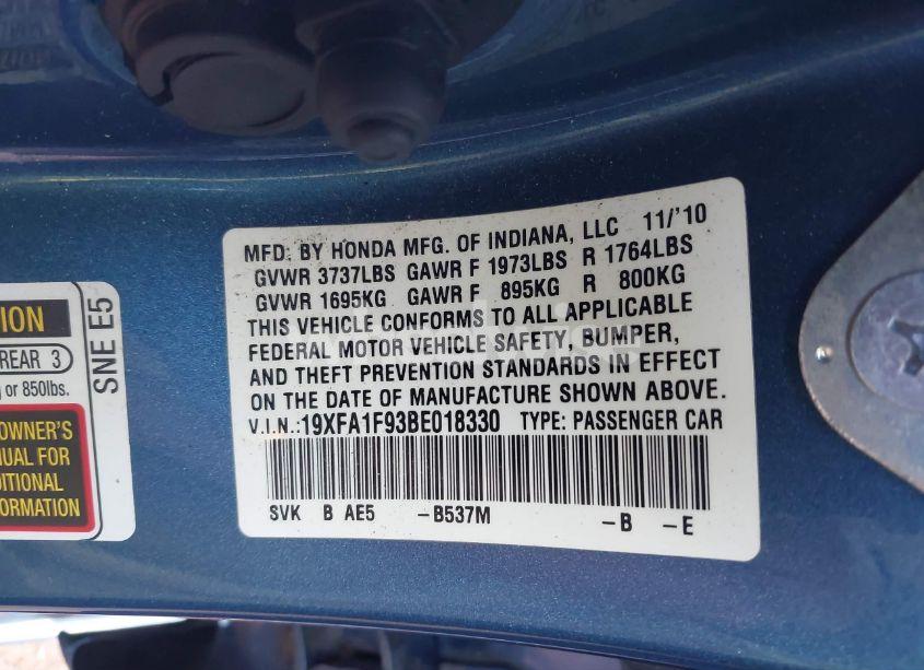 Photo 9 of 2011 Honda Civic EX-L (VIN 19XFA1F93BE018330)