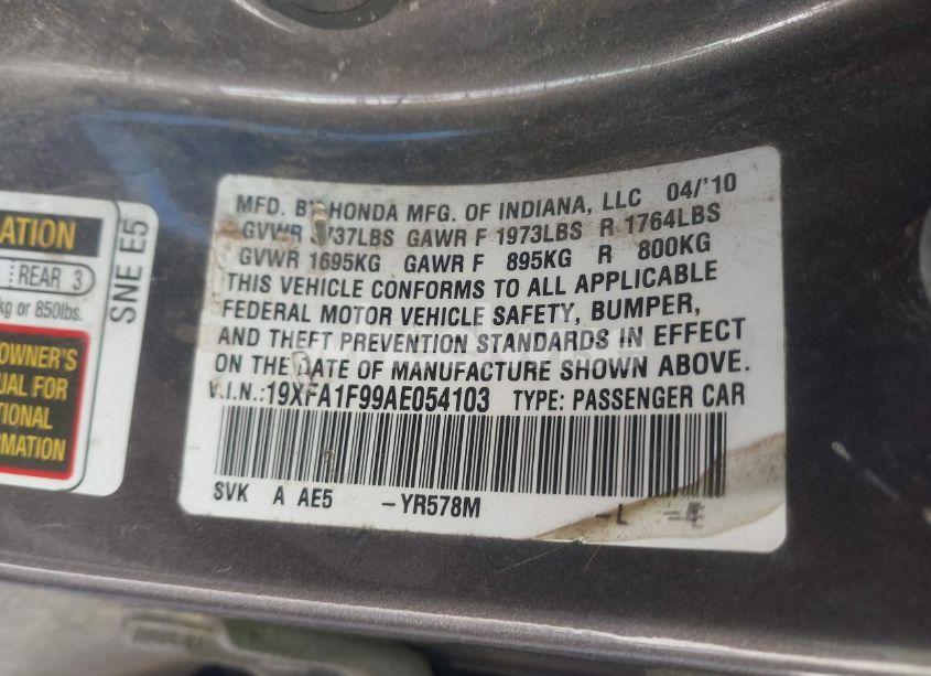 Photo 9 of 2010 Honda Civic EX-L (VIN 19XFA1F99AE054103)