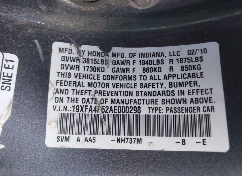 Photo 9 of 2010 Honda Civic GX (VIN 19XFA4F52AE000298)