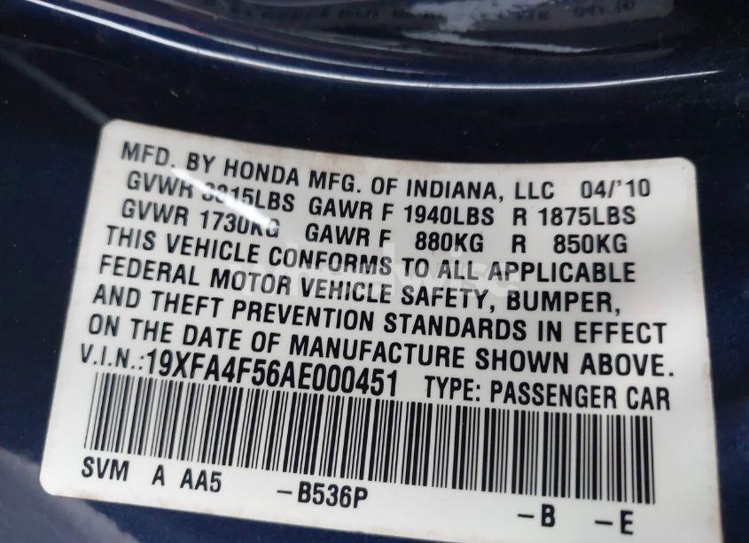 Photo 9 of 2010 Honda Civic GX (VIN 19XFA4F56AE000451)