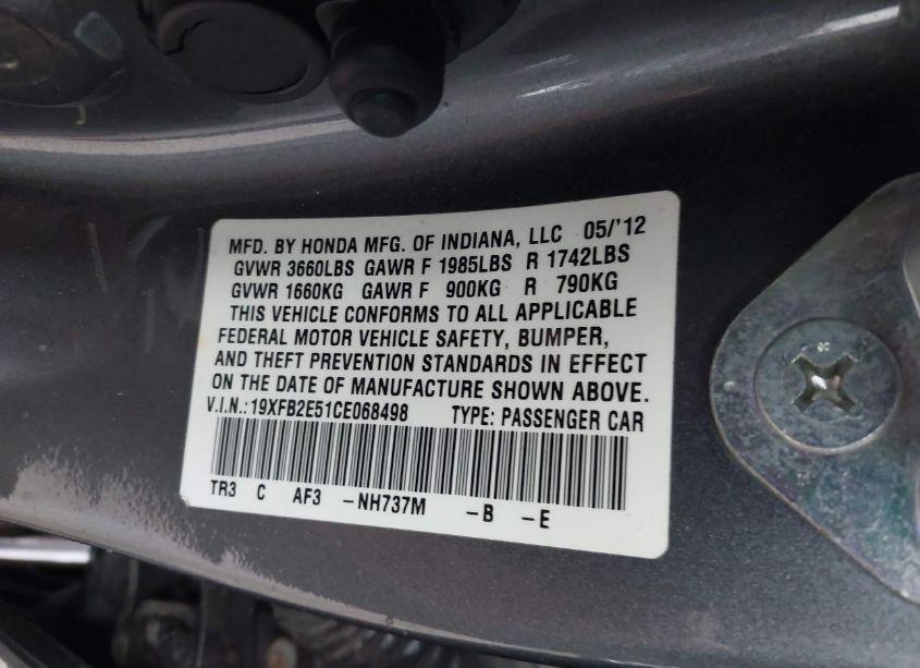 Photo 9 of 2012 Honda Civic LX (VIN 19XFB2E51CE068498)