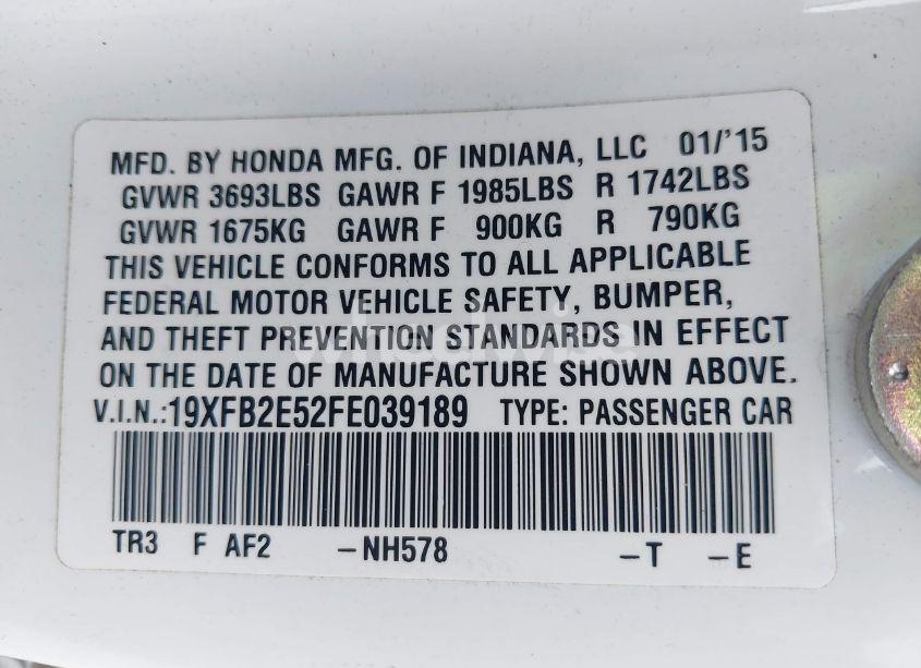 Photo 9 of 2015 Honda Civic LX (VIN 19XFB2E52FE039189)
