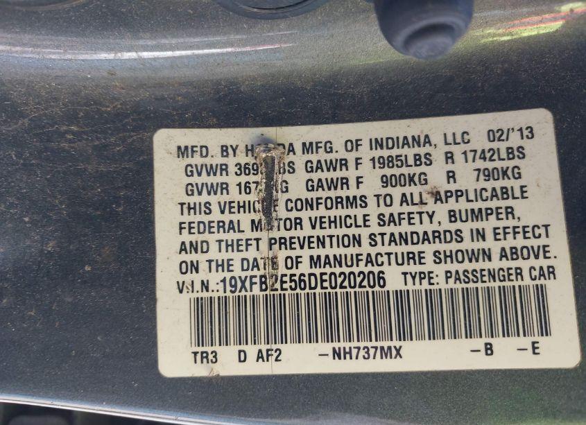 Photo 9 of 2013 Honda Civic LX (VIN 19XFB2E56DE020206)