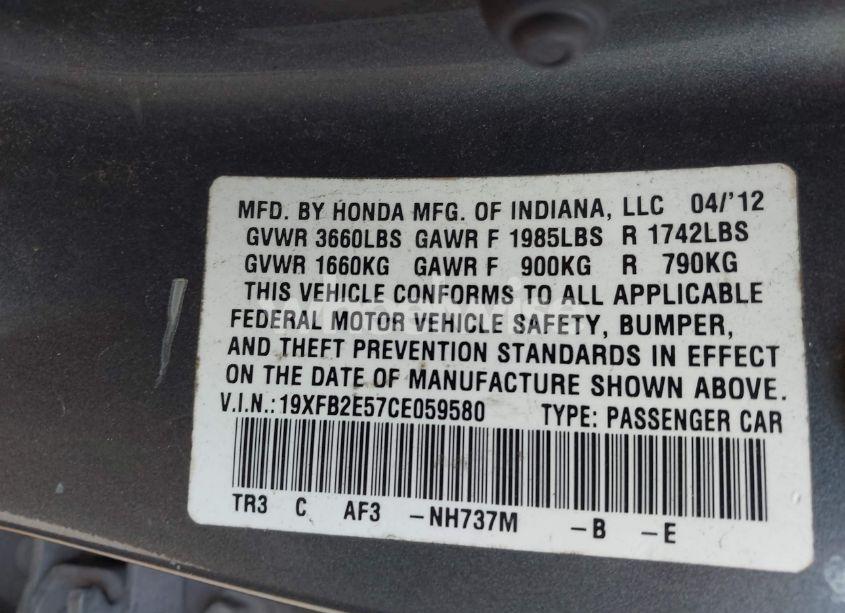 Photo 9 of 2012 Honda Civic LX (VIN 19XFB2E57CE059580)