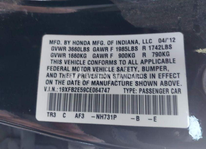 Photo 9 of 2012 Honda Civic LX (VIN 19XFB2E59CE064747)