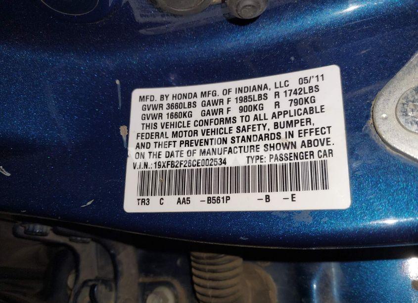 Photo 9 of 2012 Honda Civic DX (VIN 19XFB2F26CE002534)