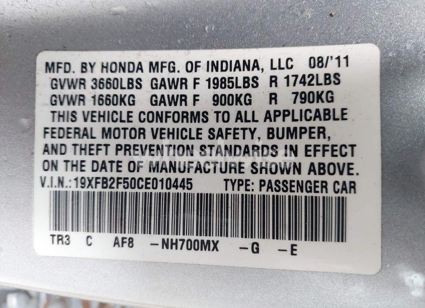 Photo 9 of 2012 Honda Civic LX (VIN 19XFB2F50CE010445)