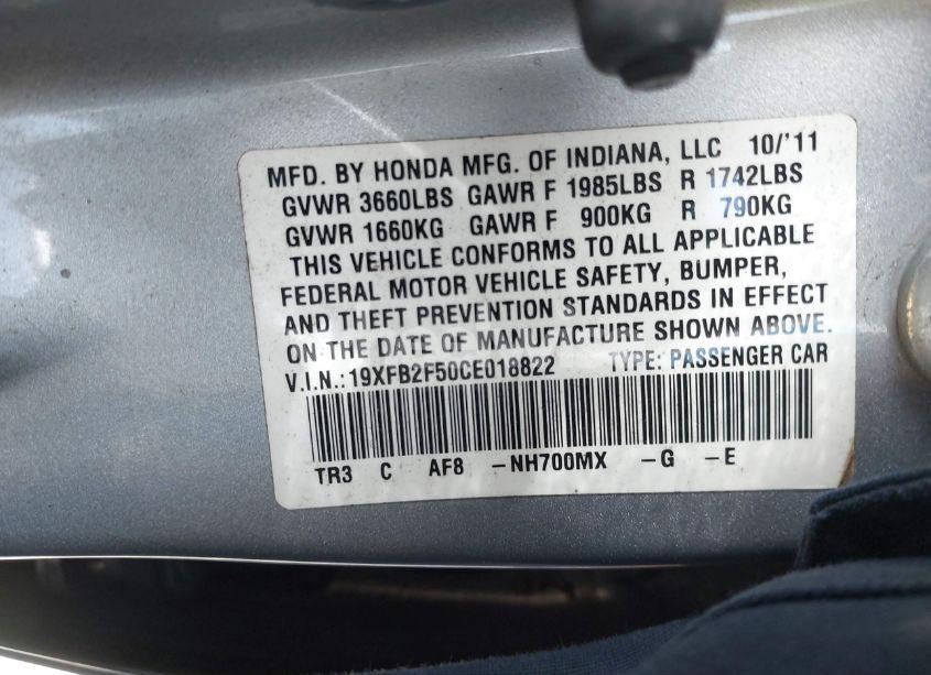Photo 9 of 2012 Honda Civic SDN LX (VIN 19XFB2F50CE018822)