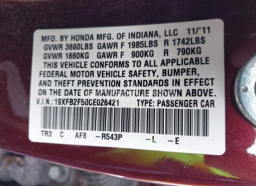 Photo 9 of 2012 Honda Civic LX (VIN 19XFB2F50CE026421)