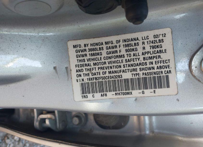 Photo 9 of 2012 Honda Civic LX (VIN 19XFB2F50CE043283)