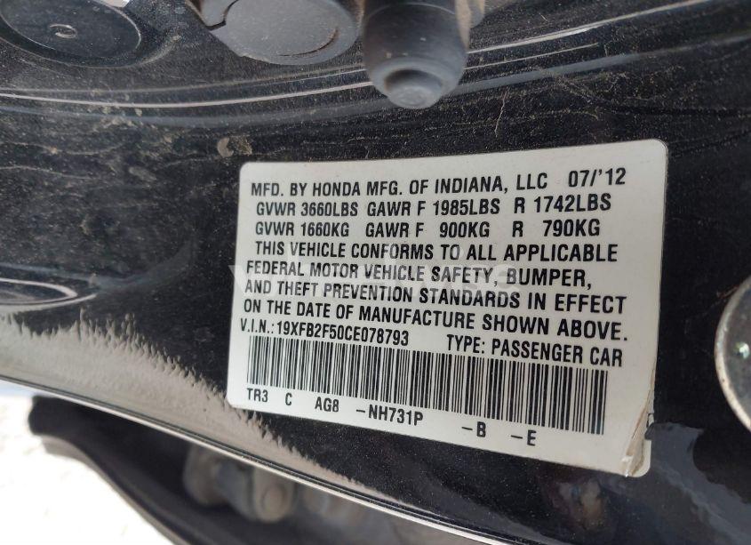 Photo 9 of 2012 Honda Civic LX (VIN 19XFB2F50CE078793)