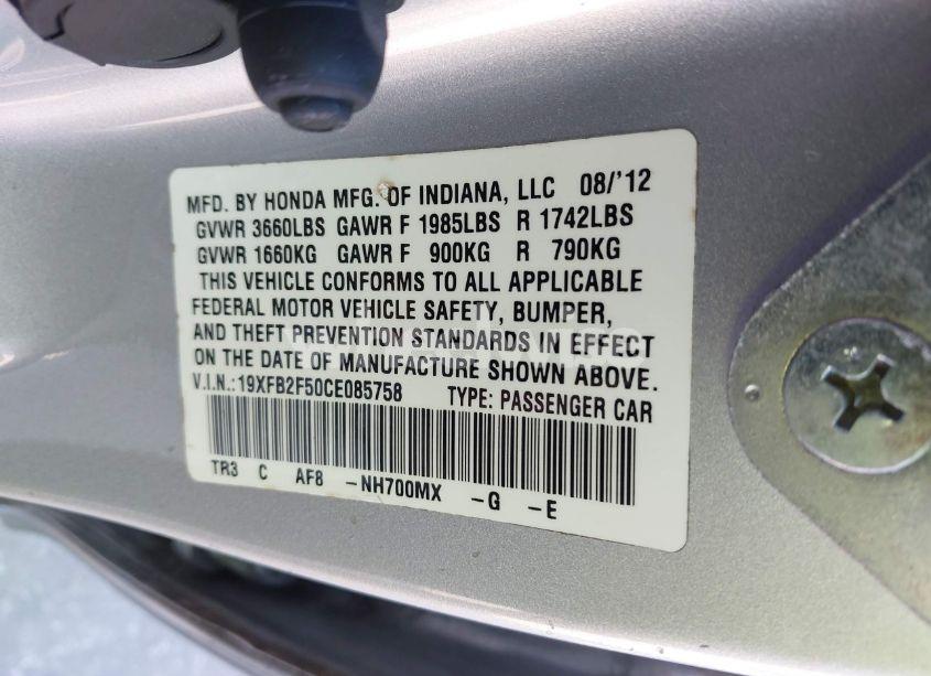 Photo 9 of 2012 Honda Civic SDN LX (VIN 19XFB2F50CE085758)