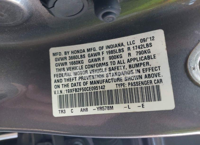 Photo 9 of 2012 Honda Civic LX (VIN 19XFB2F50CE095142)