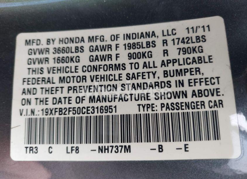 Photo 9 of 2012 Honda Civic LX (VIN 19XFB2F50CE316951)