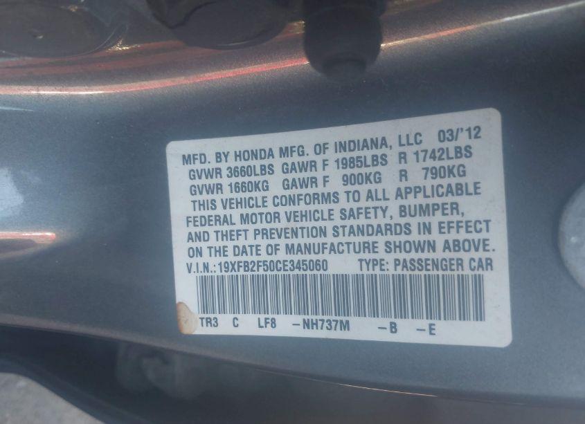 Photo 9 of 2012 Honda Civic LX (VIN 19XFB2F50CE345060)