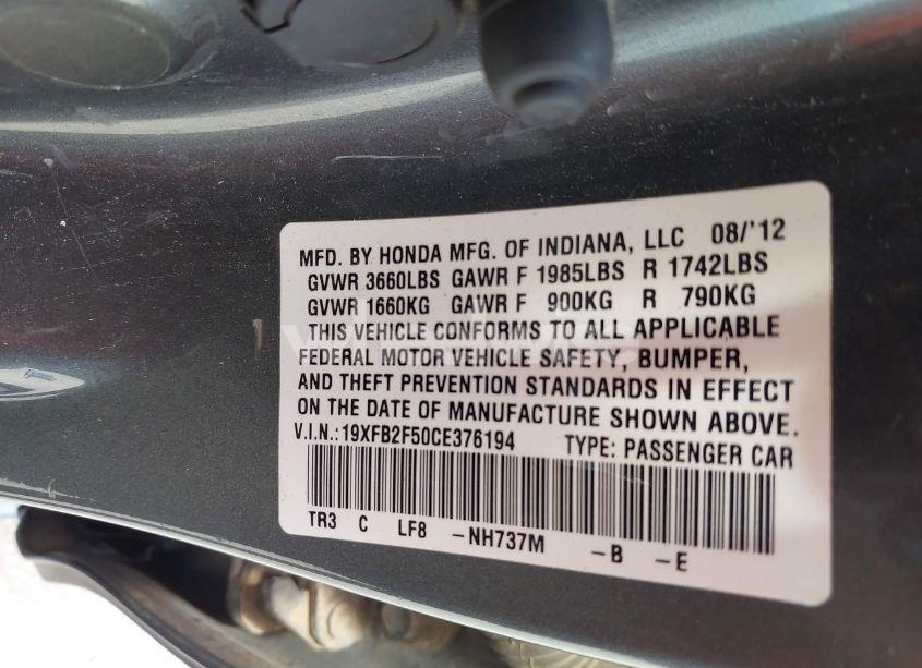 Photo 9 of 2012 Honda Civic LX (VIN 19XFB2F50CE376194)