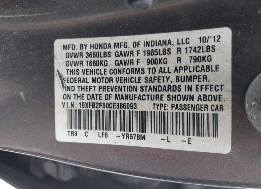 Photo 9 of 2012 Honda Civic LX (VIN 19XFB2F50CE386093)