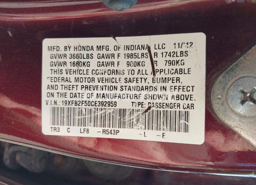 Photo 9 of 2012 Honda Civic LX (VIN 19XFB2F50CE392959)