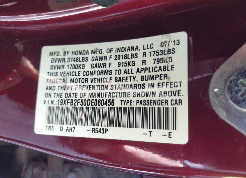 Photo 9 of 2013 Honda Civic LX (VIN 19XFB2F50DE060456)