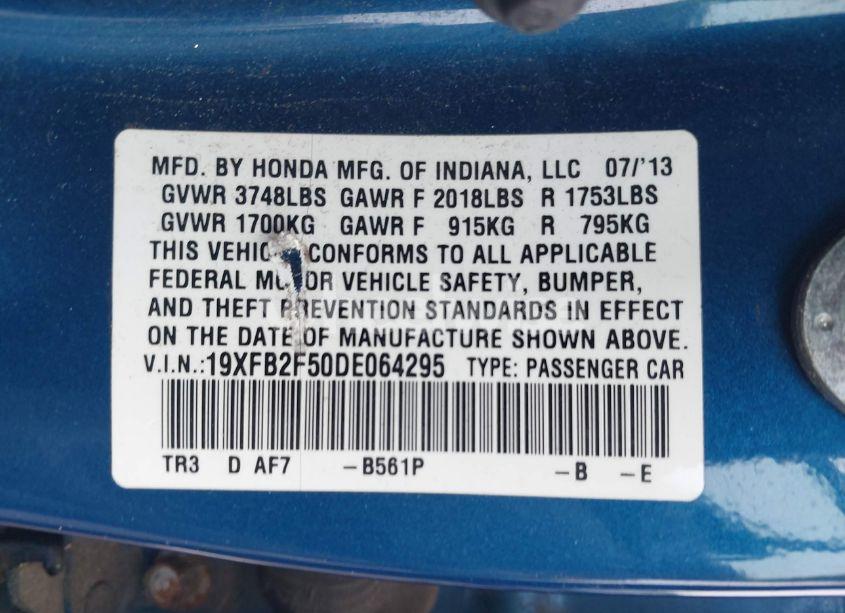 Photo 9 of 2013 Honda Civic LX (VIN 19XFB2F50DE064295)