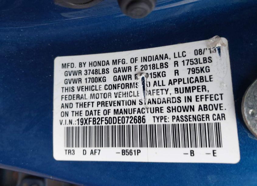 Photo 9 of 2013 Honda Civic LX (VIN 19XFB2F50DE072686)