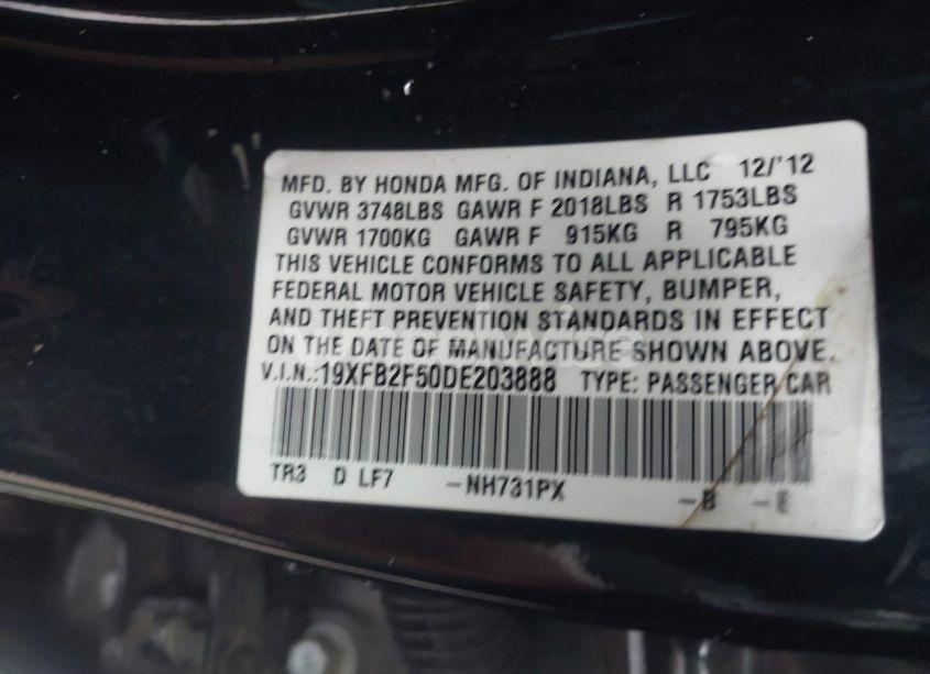 Photo 9 of 2013 Honda Civic LX (VIN 19XFB2F50DE203888)