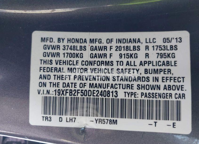 Photo 9 of 2013 Honda Civic LX (VIN 19XFB2F50DE240813)