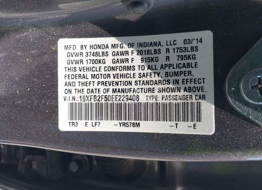 Photo 9 of 2014 Honda Civic LX (VIN 19XFB2F50EE229408)