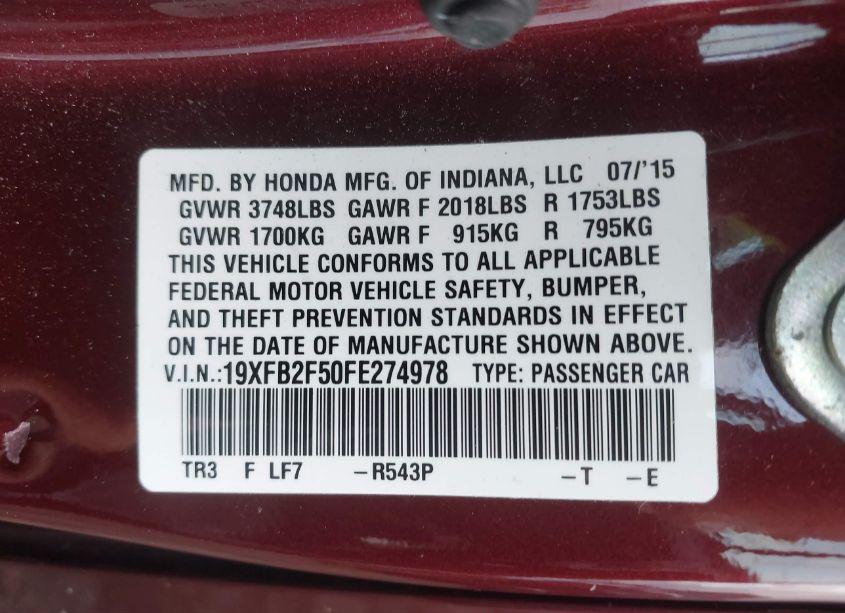 Photo 9 of 2015 Honda Civic LX (VIN 19XFB2F50FE274978)