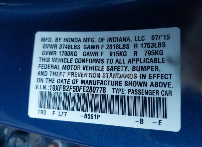 Photo 9 of 2015 Honda Civic LX (VIN 19XFB2F50FE280778)