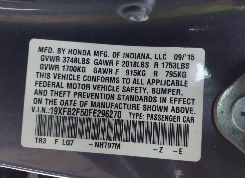 Photo 9 of 2015 Honda Civic LX (VIN 19XFB2F50FE296270)