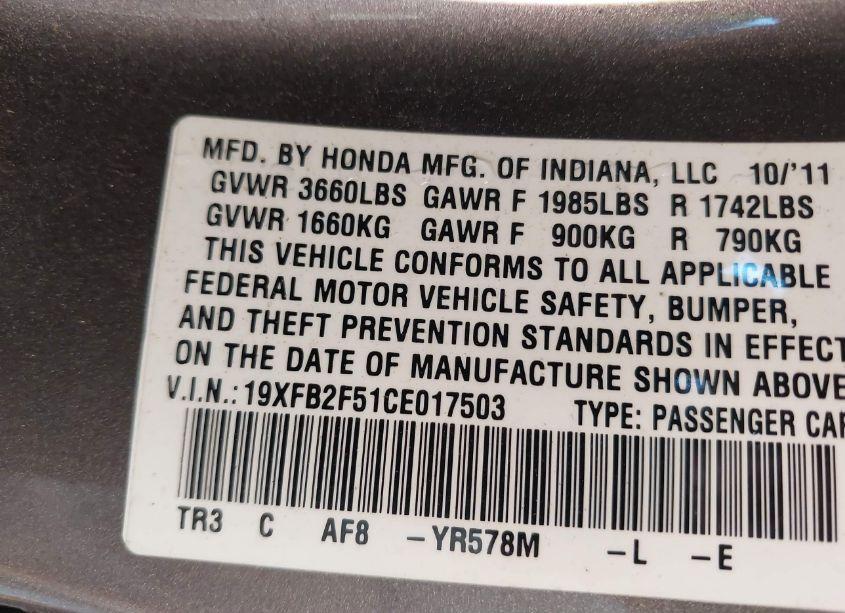 Photo 9 of 2012 Honda Civic LX (VIN 19XFB2F51CE017503)