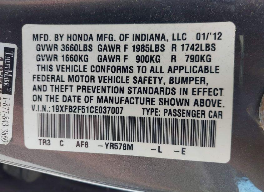 Photo 9 of 2012 Honda Civic LX (VIN 19XFB2F51CE037007)