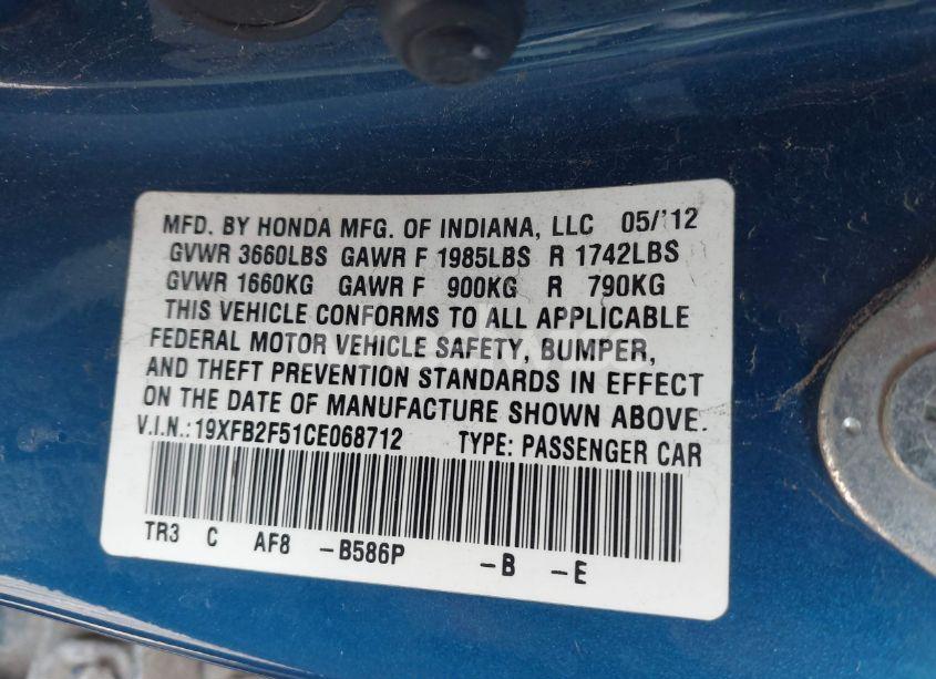 Photo 9 of 2012 Honda Civic LX (VIN 19XFB2F51CE068712)