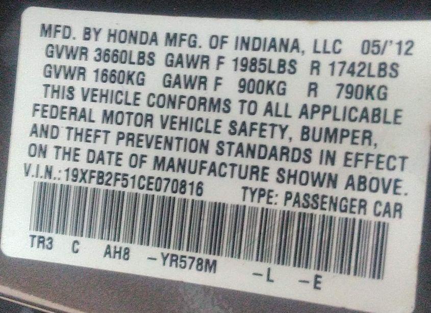 Photo 9 of 2012 Honda Civic LX (VIN 19XFB2F51CE070816)