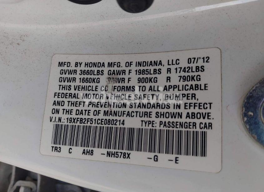 Photo 9 of 2012 Honda Civic LX (VIN 19XFB2F51CE080214)