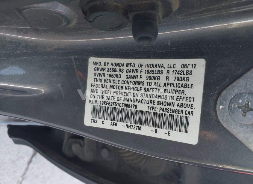 Photo 9 of 2012 Honda Civic LX (VIN 19XFB2F51CE086420)