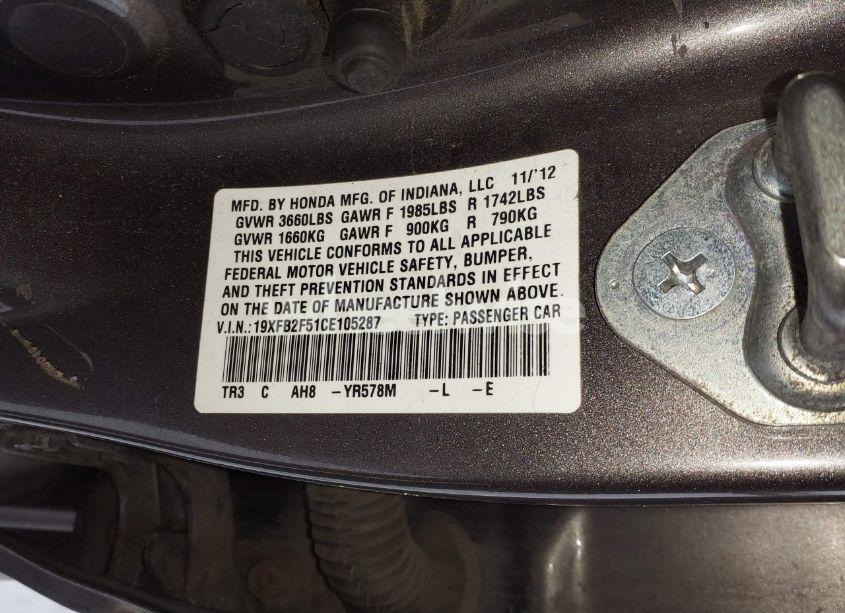 Photo 9 of 2012 Honda Civic LX (VIN 19XFB2F51CE105287)