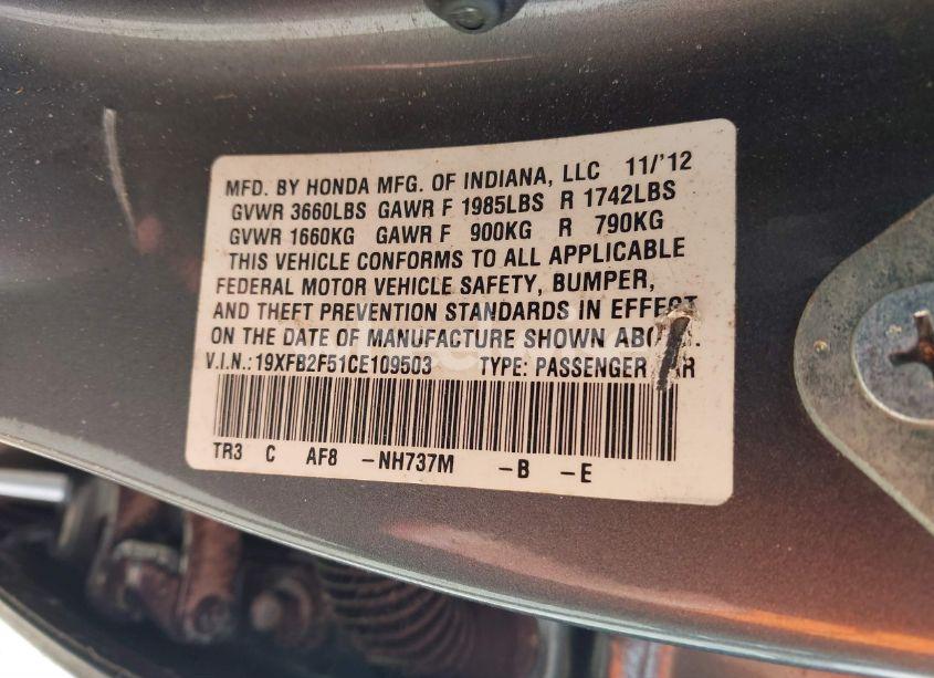 Photo 9 of 2012 Honda Civic LX (VIN 19XFB2F51CE109503)