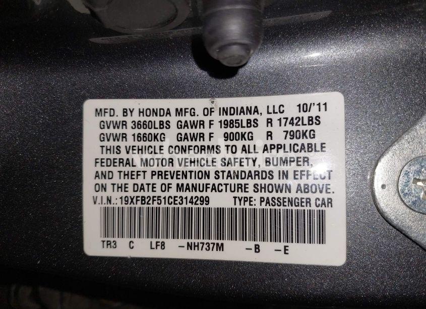 Photo 9 of 2012 Honda Civic LX (VIN 19XFB2F51CE314299)