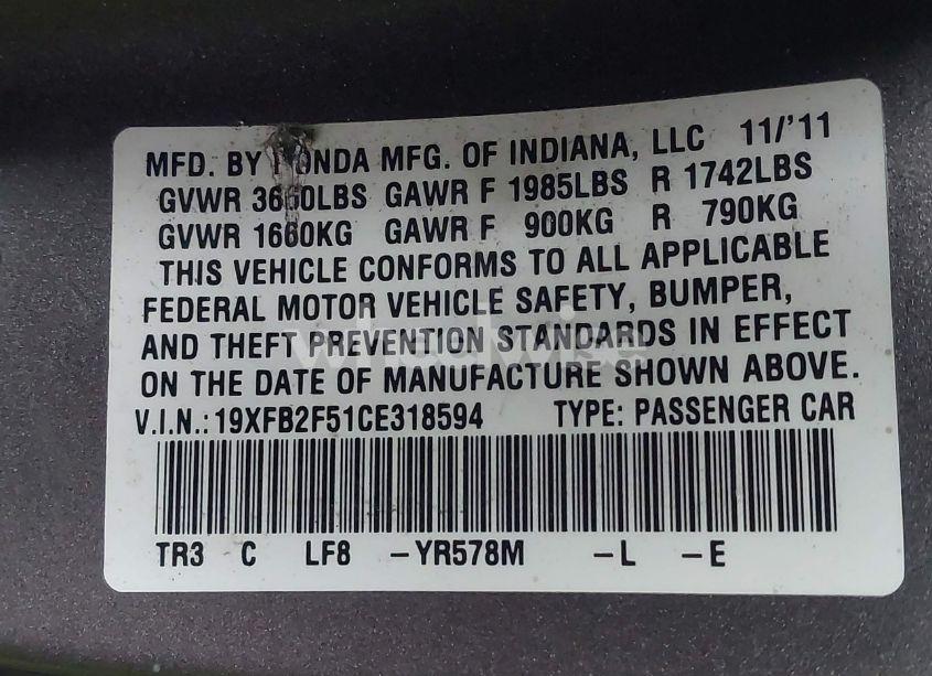 Photo 9 of 2012 Honda Civic LX (VIN 19XFB2F51CE318594)