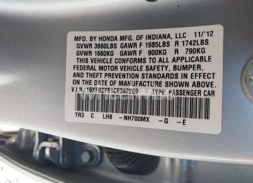 Photo 9 of 2012 Honda Civic LX (VIN 19XFB2F51CE392209)