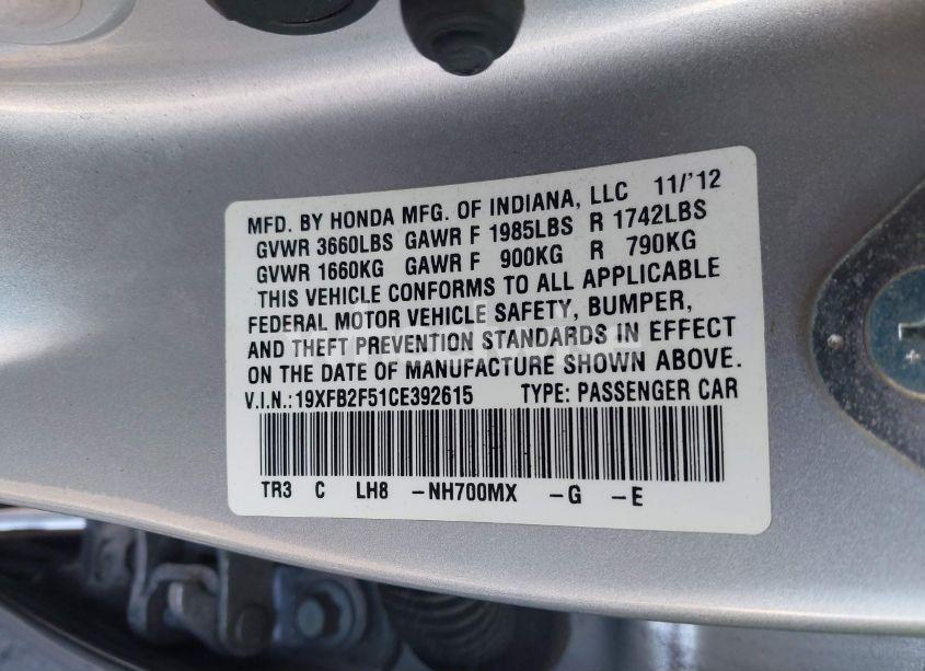 Photo 9 of 2012 Honda Civic LX (VIN 19XFB2F51CE392615)