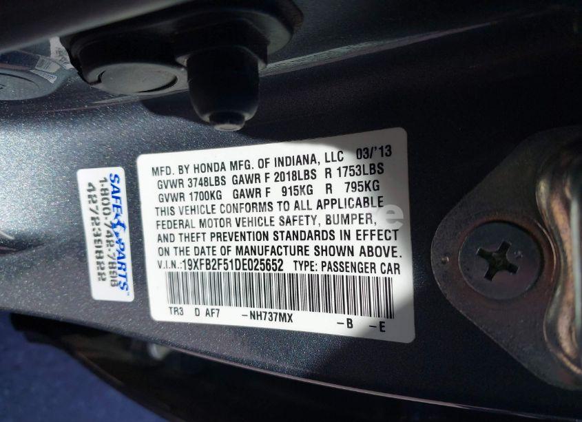 Photo 9 of 2013 Honda Civic LX (VIN 19XFB2F51DE025652)