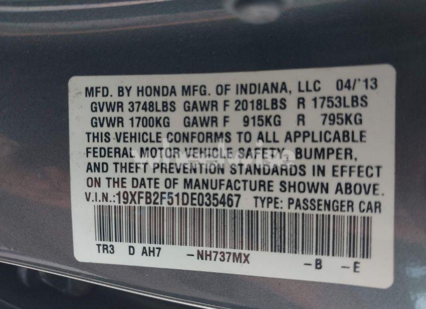 Photo 9 of 2013 Honda Civic LX (VIN 19XFB2F51DE035467)